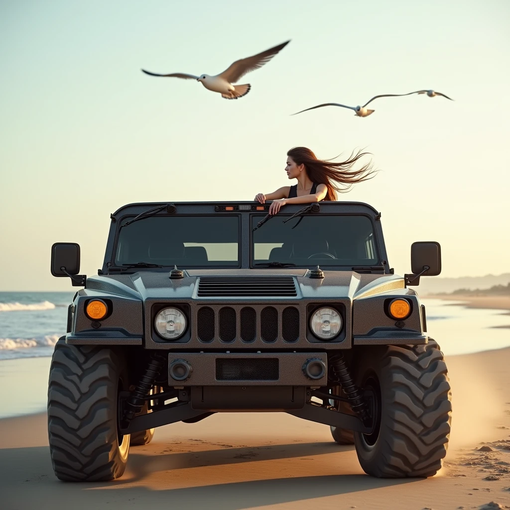 Hot brunette hair driving on the beach of Tlemcen in Algeria. Car driven it is hummer militar masssive car carbon convertible, high quality, high details, our hair blowing in the wind early in the morning, with the seagulls flying above.