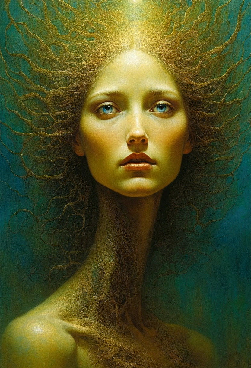 Mythical creatures, author:By Zdzisław Beksinski、Azathoth、close up of girl's face