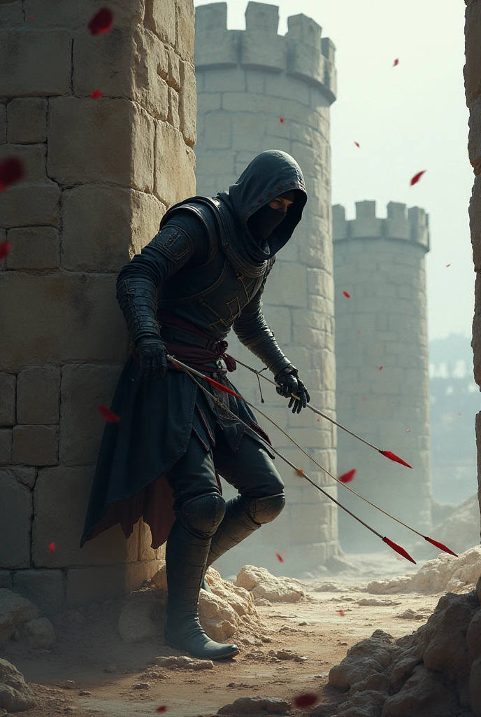 assassin hiding behind wall from arrows