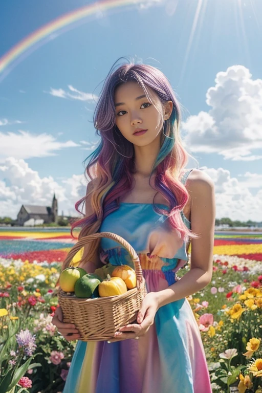 Highest quality,High resolution,A Japanese girl standing in a flower field holding a basket of fruit and flowers, Two-tone hair, long hair with pastel colours, aurora Colored Hair, Colorful pastels,  Hair Color, multiColored Hair, Colorful long hair, Two-tone hair dye, Colorful Hair, Gradient Hair, pastel colour, Colored Hair, Bright rainbow hair colors,One-piece dress with frills,View of the stained glass church,The background is a sparkling rainbow in a clear blue sky.:1.5,A large rainbow-colored pumpkin grows in a flower field:1.5