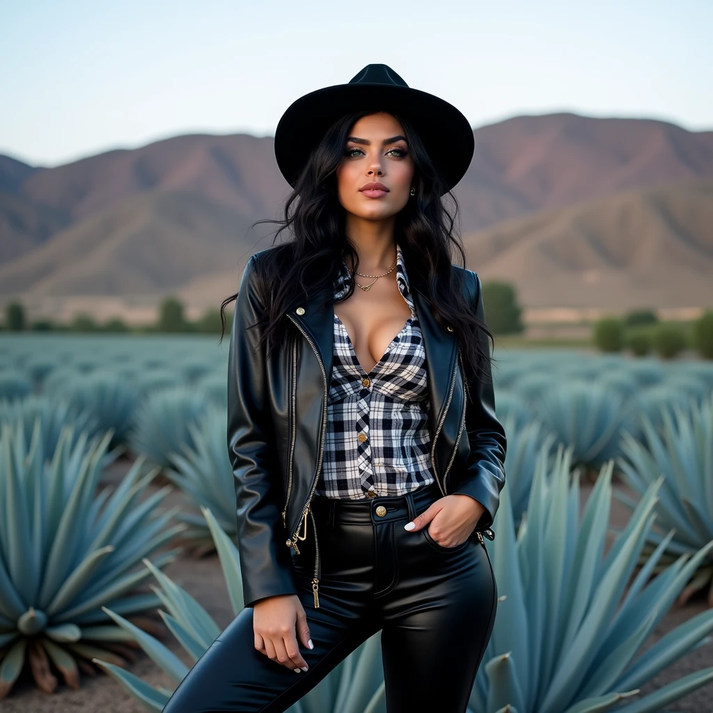 beautiful woman model influencer for instagram, 22 years, White skin, big green eyes, black hair, thick lips, innocent look, Generous breasts and buttocks, black hat, leather jacket, Checkered shirt and black leather pants. In the background a field of blue agave and in the distance the hills