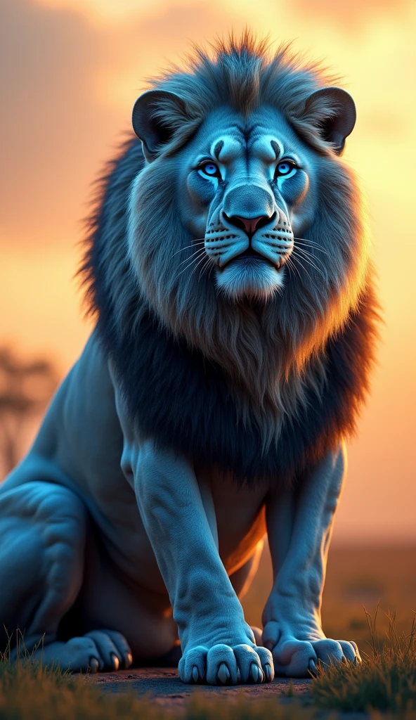 Generate an ultra realistic 8k image of a big strong blue-eyed lion