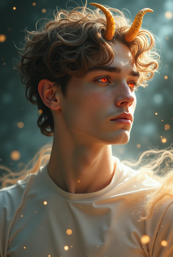 Representation of the sign of Aries with a very ethereal young man, very youthful and soft features, red eyes and small horns, the rest you can be creative