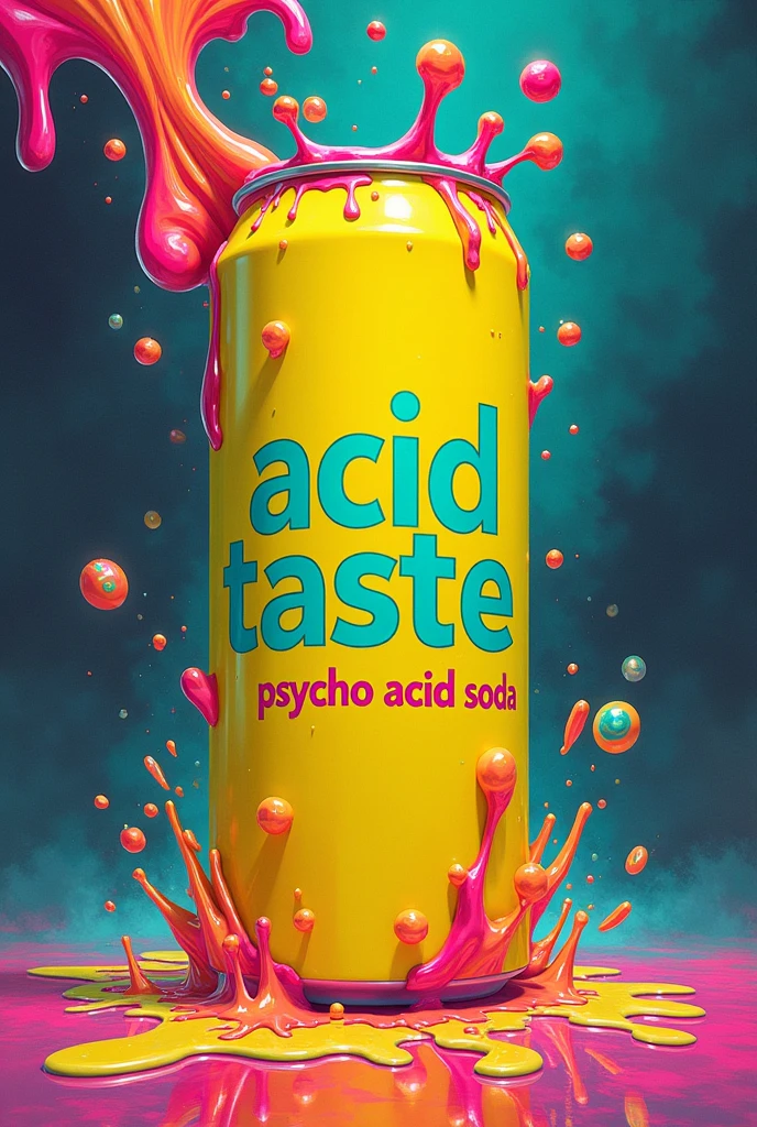  Psychedelic art melting from a fluorescent yellow energy drink can with Acid Taste written on it, written in cyan green and underneath written in small letters Psycho Acid Soda written in pink