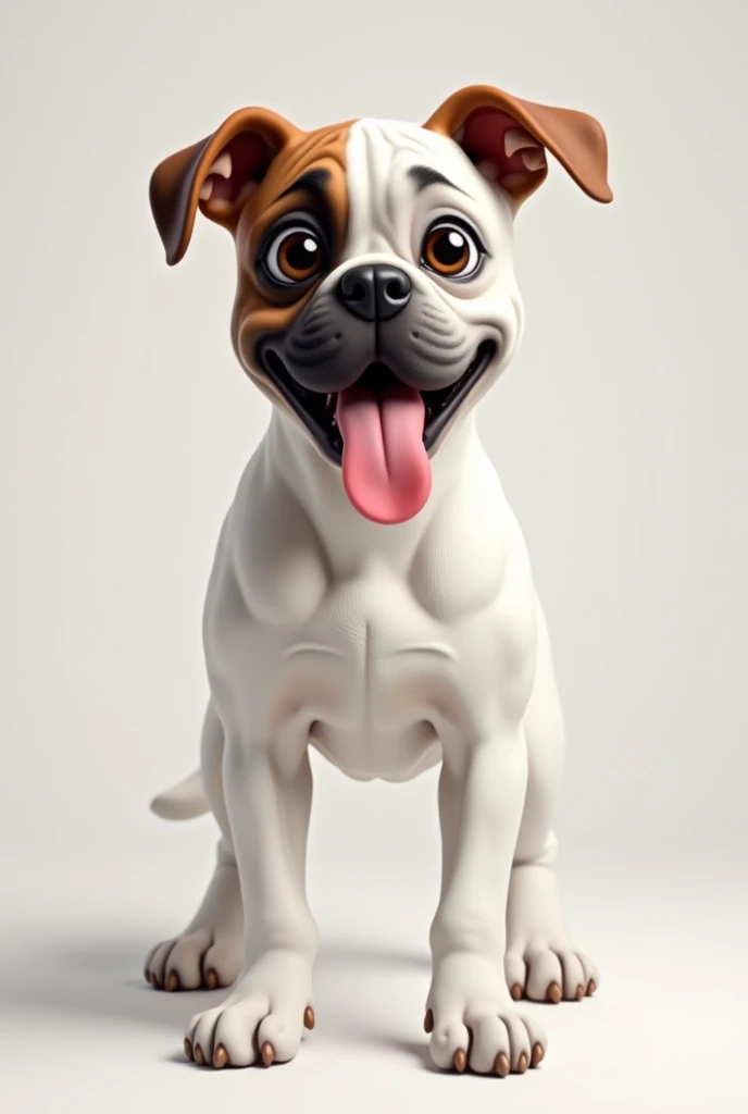 Generate a dog that is a Boxer breed of dog that is white with a brown spot on the eye , sticking out tongue