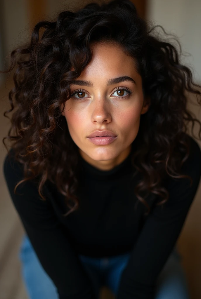 Medium distance photo of shy woman with curly hair, radiant brown eyes, perfect face and eyes, Soft portrait photographed in 8K, Medium distance photo of perfect face, portrait of Sophie Mudd with stunning brown eyes, Beautiful face portrait, girl with brown eyes, perfect face), medium distance portrait showing full face and hair, beautiful portrait image, Wearing black turtleneck t-shirt, jeans, with brown eyes, Full image, Irish coffee background, very blurred, with only highlights and indistinct shadows, Full image
