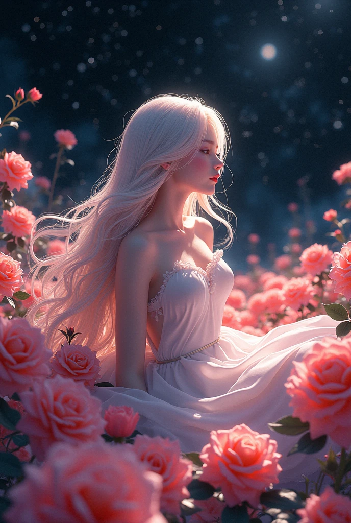  vast outer space, with a female, a bed of roses, beautiful anime