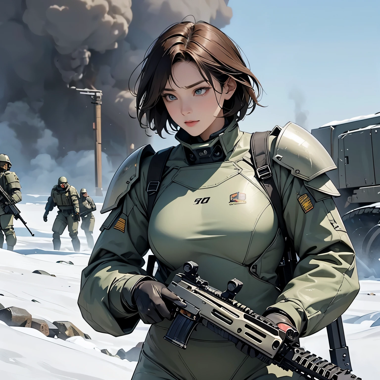 Browsing Caution, Anime screenshots, 16K, A body with perfect anatomical proportions, Perfect hands, action, Dynamic composition with a sense of speed and movement, (Hold an assault rifle:1.6), wife, 40 years old, Perfectly beautiful, delicate and sexy face, Perfect and beautiful delicate eyes, Brown Hair, Short Bob Hair, huge , Abdominal muscles, Camouflage colored heavy armor steam engine full armor power suit, Many heavily armored robot soldiers engaged in a gunfight in the background., flying bullets, Snowy battlefield, war, Post-apocalyptic,