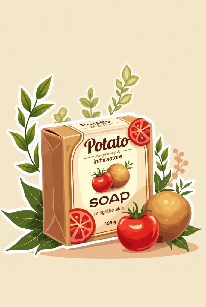 Sticker label For Potato and tomato soap with their use benefits for skin in english
