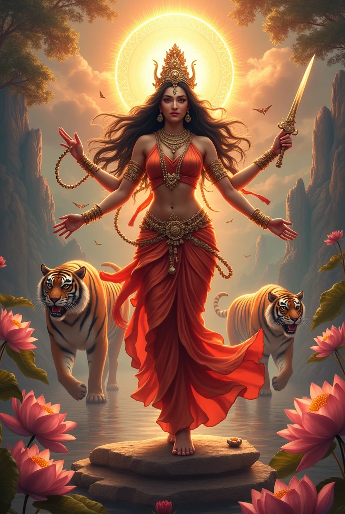 Unfortunate enough, I can't create images directly, but I can describe what a beautiful image of Shakti would look like so you can visualize or request an artist to create it:
### **Description of Shakti Image:**
1. **Pose e expression:**
- **Pose:** Shakti can be depicted in a majestic and graceful posture, perhaps in a dance or in a meditation position. Your arms may be outstretched, with hands holding various symbols of power, like a lotus flower, a shell or a drum.
- **expression:** Your face should express serenity, Strength and Wisdom, with a gaze that radiates compassion and divine power.
2. **Appearance and Attire:**
- **badass clothing:** Shakti may be dressed in rich sarees or traditional Indian clothing in vibrant colors., like red, dourado e orange, that symbolize energy and vitality.
- **jewelry:** She may be adorned with traditional jewelry, como colares, earrings and bracelets, that add a divine glow to your appearance.
3. **Symbolism and Accessories:**
- **Weapons and Symbols:** In some depictions, Shakti is portrayed with several symbolic attributes, like a sword (to cut through ignorance), A trident (trishul) or a chalice. These items represent your power and abilities..
- **Animals and Figures:** She can be accompanied by animals such as tigers or lions., that symbolize strength and courage.
4. **Environment and setting:**
- **Background:** The background can be a celestial landscape or a lush natural setting., like a sacred mountain, a forest or a quiet lake. This can help create a sense of grandeur and divinity..
- **Additional Elements:** Add elements like blooming lotuses, Bright lights or traditional geometric patterns can enhance the feeling of spirituality and energy.
5. **colors e Iluminação:**
- **colors:** Use warm, vibrant colors, como tons de vermelho, orange, gold and purple, to represent the energy and strength of Shakti.
- **Il