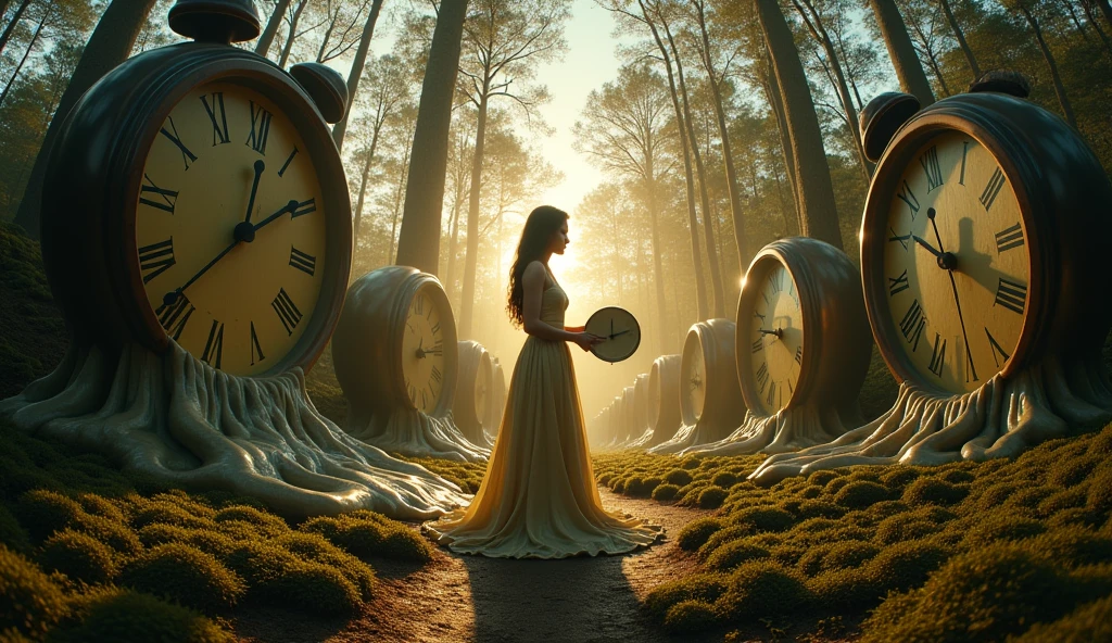 (Surrealist photo of a dense forest where the trees are replaced with oversized, melting clocks. The subject, a lone figure in a flowing gown, stands at the center, holding a small clock in her hands, as if time is slipping away. Warm, golden hour light filters through the trees, casting long shadows. Wide-angle shot on a Nikon Z7II, with a fisheye lens, in the style of Salvador Dalí.)