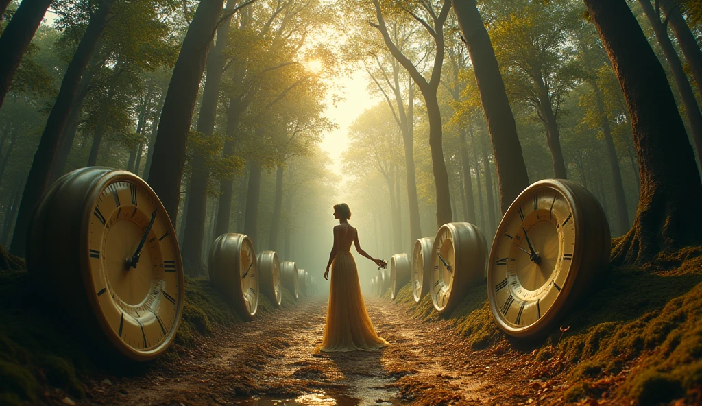 (Surrealist photo of a dense forest where the trees are replaced with oversized, melting clocks. The subject, a lone figure in a flowing gown, stands at the center, holding a small clock in her hands, as if time is slipping away. Warm, golden hour light filters through the trees, casting long shadows. Wide-angle shot on a Nikon Z7II, with a fisheye lens, in the style of Salvador Dalí.)