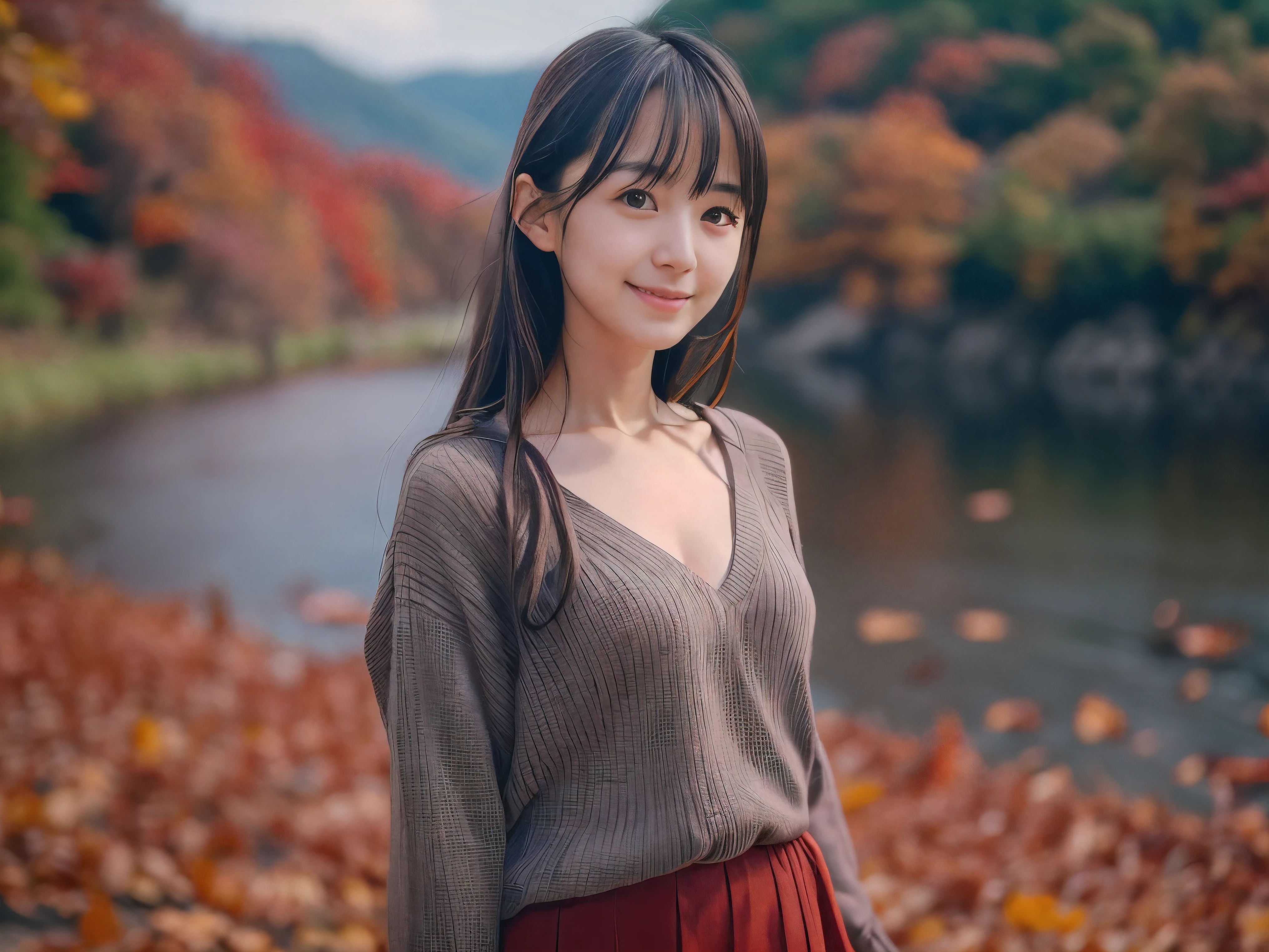 (Close up face shot of one slender small breasts dark silver long hair with swept bangs girl in a long sleeves shirt and sweater and skirt:1.5)、(One girl is dancing with happy smile on the dart road near the lake and big waterfall in Japan:1.5)、(Beautiful autumn red leaves landscpe:1.5)、(Natural light:1.5)、(8k ultra detailed master piece:1.5)、(perfect anatomy:1.5)、(Photorealistic stick:1.5)、(Raw photo:1.3)、(highest quality:1.5)、(High resolution:1.3)、(Delicate and beautiful perfect face:1.3)、(Delicate and beautiful eye air skin:1.3)、(Real Human Skin:1.3)、((thin legs))