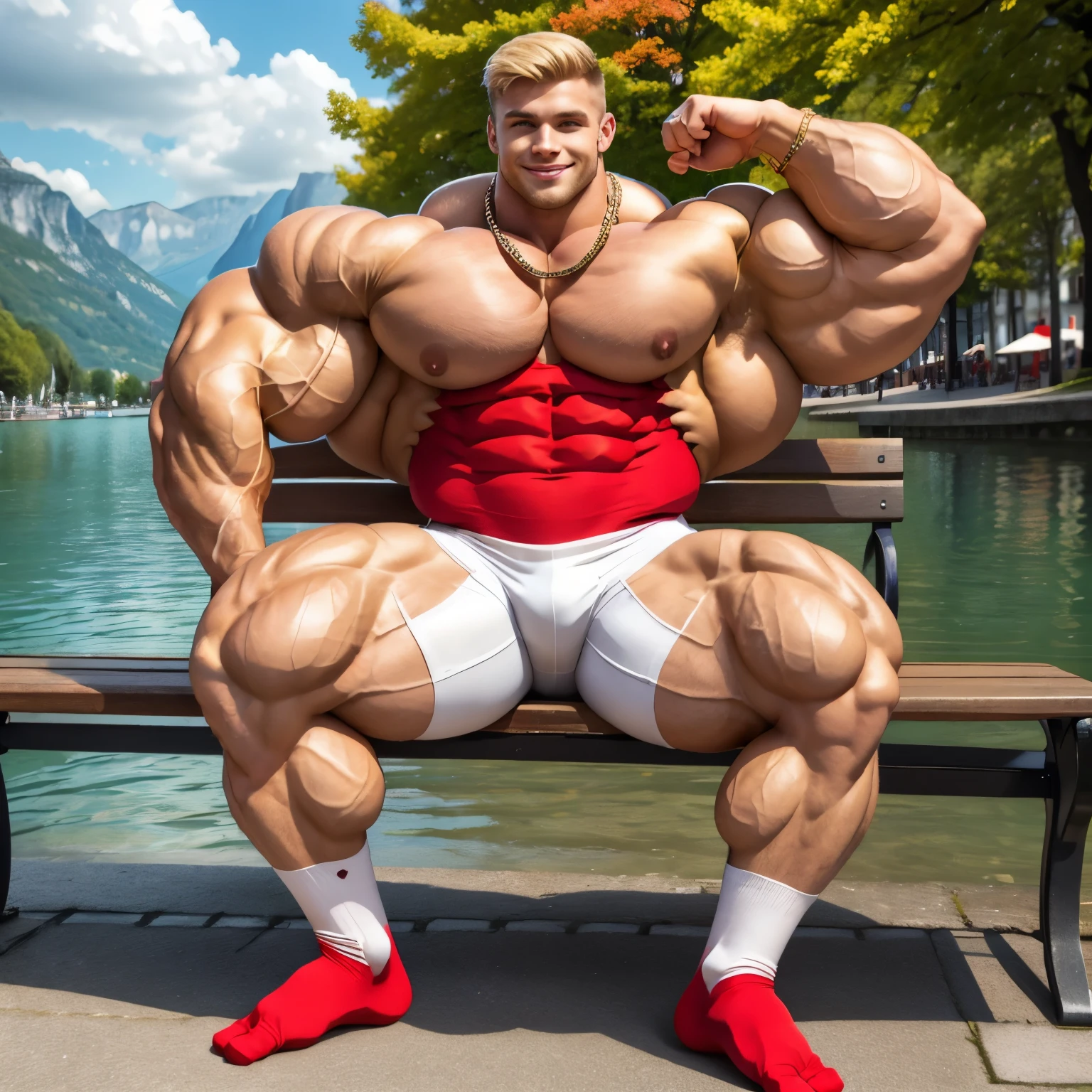 full view full body, white age male bodybuilder with blond undercut haircut Handsome smile. Huge well developed muscles. Flexing his massive biceps. Torn sleeves and shirt front. over-inflated pecs and abs. over-inflated shoulders and lats. Showing his amazing huge muscles. in long thin red socks, no shoes, wearing white dapper suit, golden rings,necklaces, resting on bench in his red socks, his feet in  red thin long socks must be seen,  by beautiful lake in Annecy France