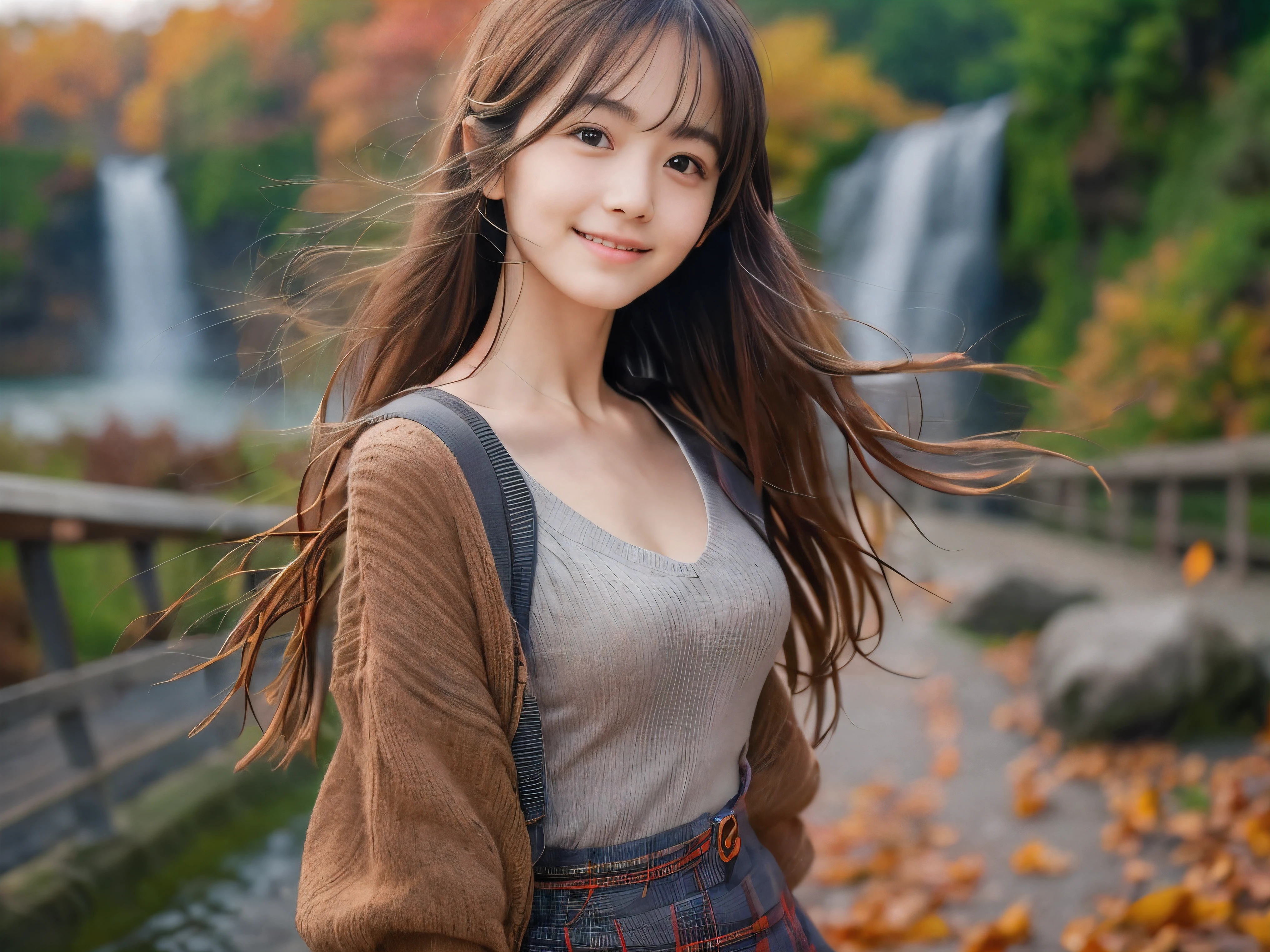 (Close up face shot of one slender small breasts dark silver long hair with swept bangs girl in a long sleeves shirt and sweater and skirt:1.5)、(One girl is dancing with happy smile on the dart road near the lake and big waterfall in Japan:1.5)、(Beautiful autumn red leaves landscpe:1.5)、(Natural light:1.5)、(8k ultra detailed master piece:1.5)、(perfect anatomy:1.5)、(Photorealistic stick:1.5)、(Raw photo:1.3)、(highest quality:1.5)、(High resolution:1.3)、(Delicate and beautiful perfect face:1.3)、(Delicate and beautiful eye air skin:1.3)、(Real Human Skin:1.3)、((thin legs))