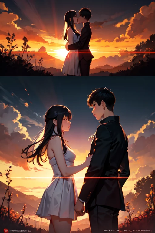 Create the cover for a realistic Asian boy and girl love story with forest background together in a sunset