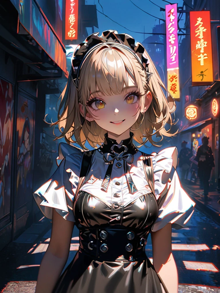 1 girl, chromatic aberration, Written boundary depth, Soft Light, masterpiece, Highest quality, complicated, Tone Mapping, A place where fireworks are set off at festivals. Concept Art, Smooth, Clear focus, Dramatic lighting, Very cinematic, super practical painting, アートステーション's trending, 8k, Incredible Shadows, practical, whole body, View, Viewers, Portrait of a Girl 1, standing on street corner, Heavy rain and lightning、Dark Sky, neon and cyber punk background, she is dressed in punk clothing with silver chains and silver spikes, Her hair was dyed light brown...................Ominous aura of light, smile, punk, ciber punk, Backlight.Fashionable clothes、Friendly dress code: Wearing a maid outfit.My breasts are a little big