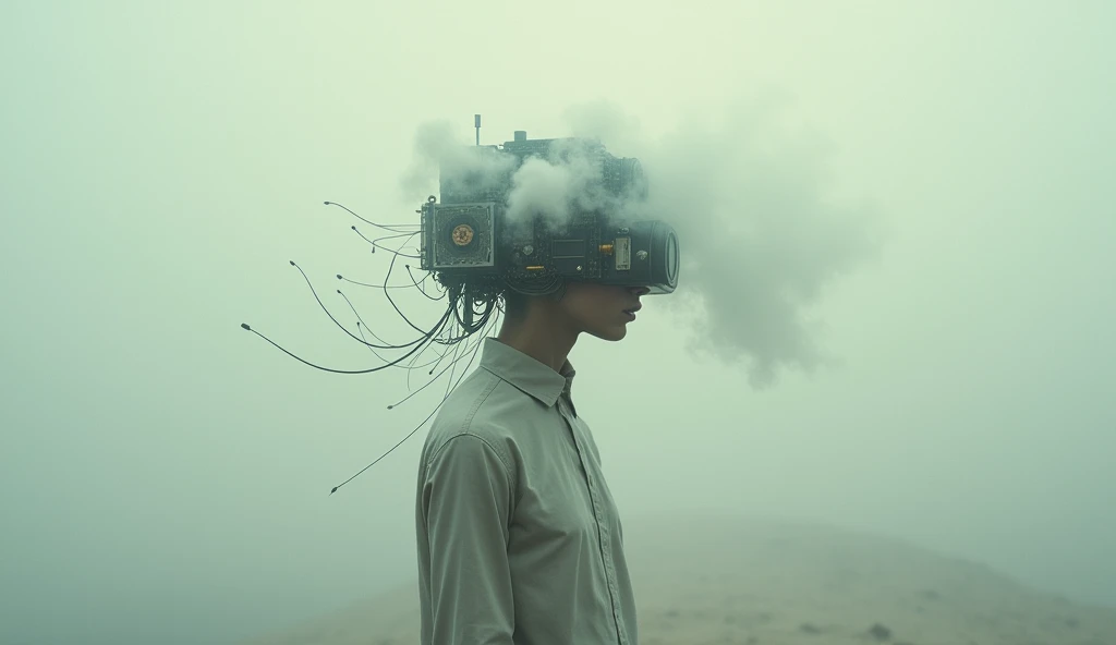 surreal composition,A person'the head becomes a complex signal receiver,White mist hovering around the head,Retro photo album cover,Realistic minimalist style