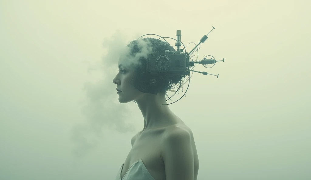 surreal composition,A person'the head becomes a complex signal receiver,White mist hovering around the head,Retro photo album cover,Realistic minimalist style