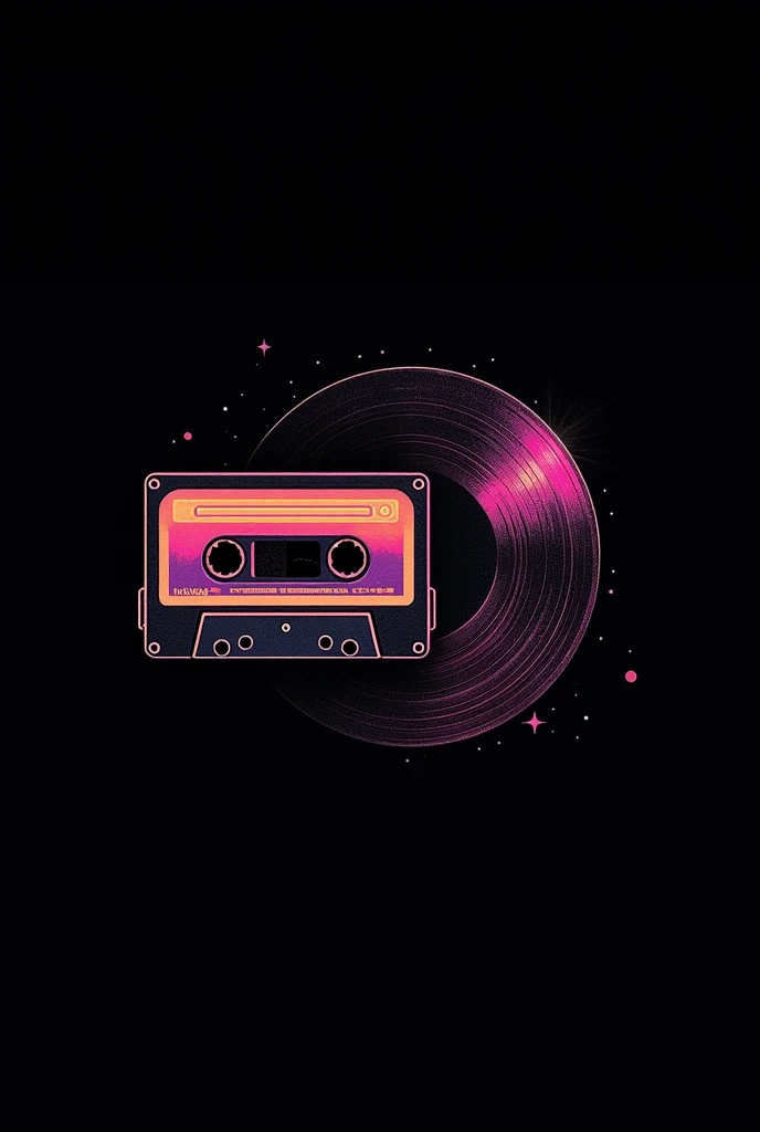 A LOGO BLACK BACKGROUND, A CASSETTE AND A VINYL WITH THE WORD RETRO CHIP WRITTEN IN LETTERS OF DEGRADED COLORS, FUCHSIA LILAC AND GOLD, PLACED UNDER THE LOGO