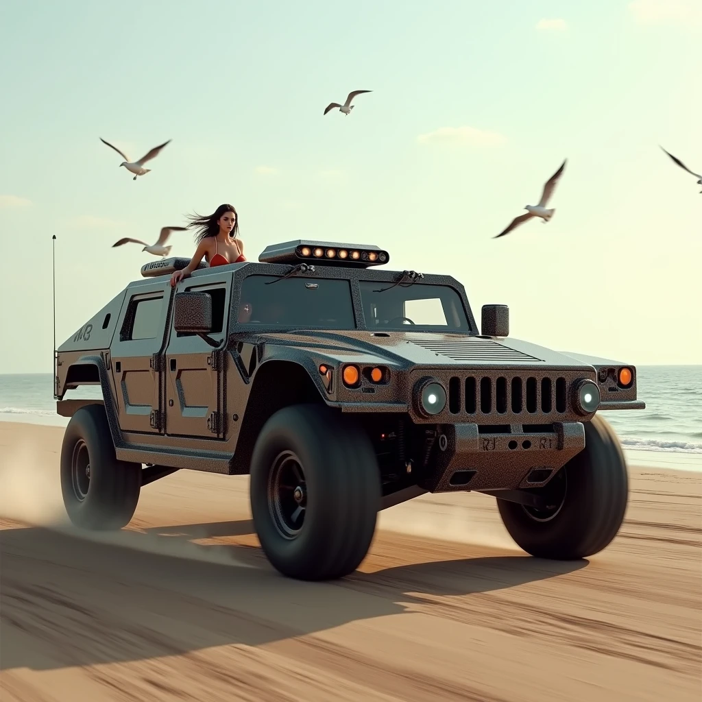 Hot brunette hair driving on the beach of Tlemcen in Algeria. Car driven it is hummer militar masssive car carbon convertible, high quality, high details, our hair blowing in the wind early in the morning, with the seagulls flying above.