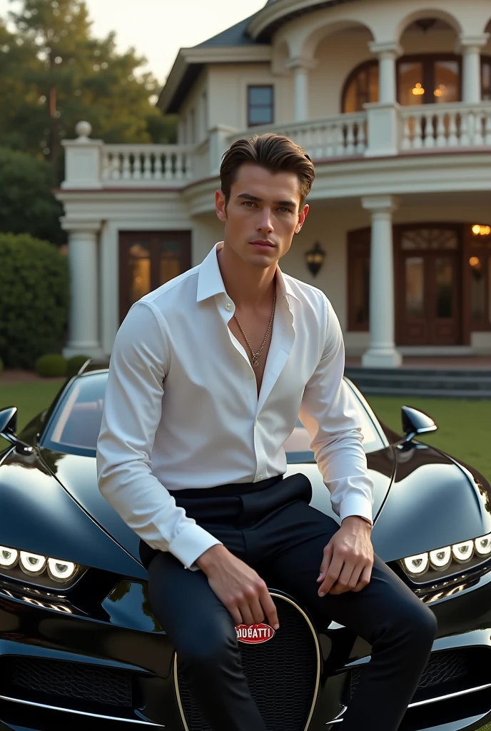 create a picture of a beatifull man of 2 with a fair soft white skin with circle face wear a white shirt and sitting on bonnnet seat of black buggati and car infront of luxury house
