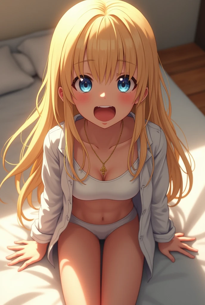 1girl in, age 13, Solo, Long hair, Colossal , Looking at Viewer, blonde hair, mouth very wide open and smiling, blue eyes, jewelry, kneeling on bed, Full body view, a gold necklace, white cotton bra, white cotton panties, Realistic, top down view, shirtlift