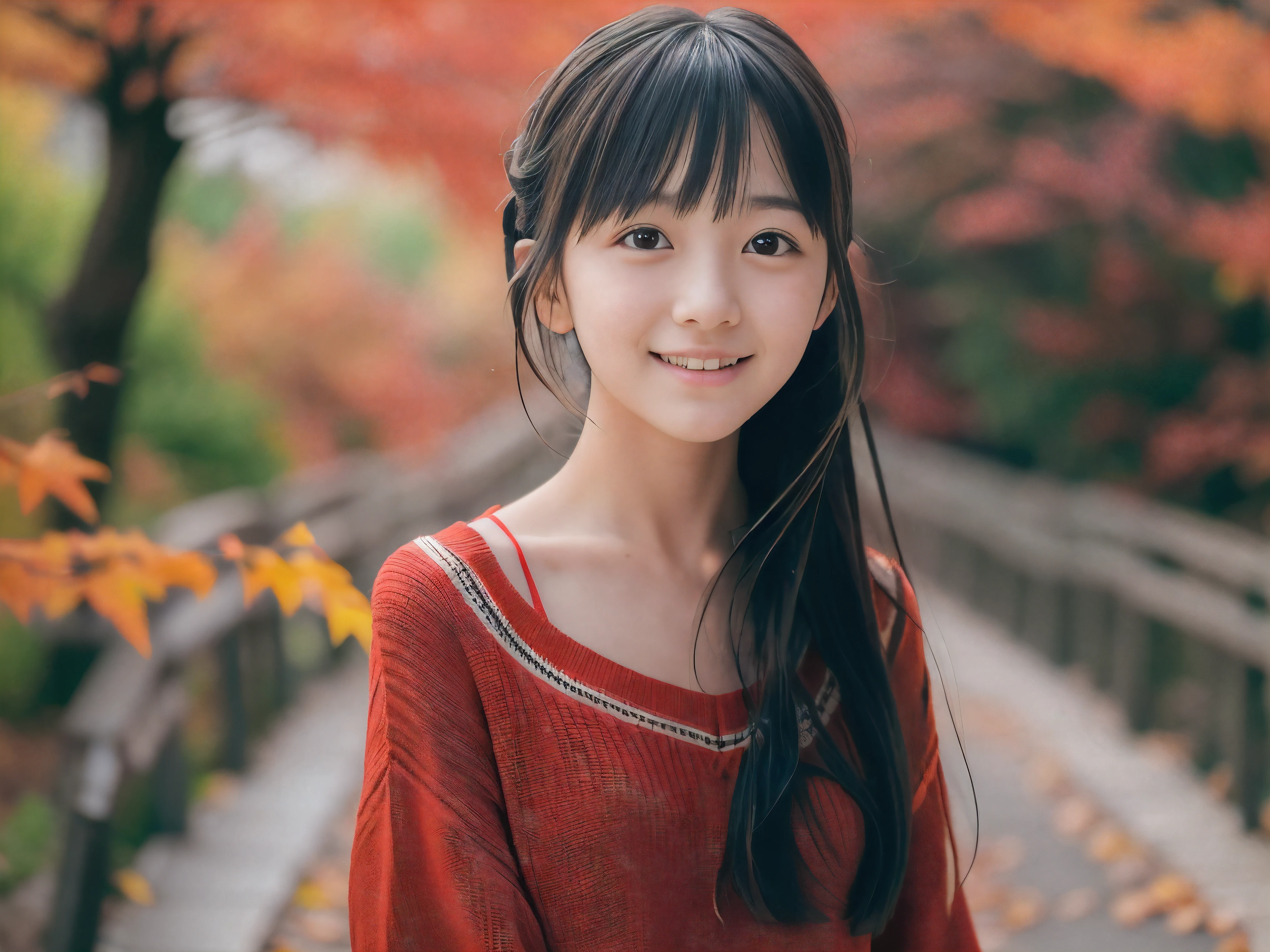 (Close up face shot of one slender small breasts two side up black medium hair with bangs girl in a long sleeves shirt and sweater and skirt:1.5)、(One girl is dancing with happy smile on the dart road near the lake and big waterfall in Japan:1.5)、(Beautiful autumn red leaves landscpe:1.5)、(Natural light:1.5)、(8k ultra detailed master piece:1.5)、(perfect anatomy:1.5)、(Photorealistic stick:1.5)、(Raw photo:1.3)、(highest quality:1.5)、(High resolution:1.3)、(Delicate and beautiful perfect face:1.3)、(Delicate and beautiful eye air skin:1.3)、(Real Human Skin:1.3)、((thin legs))