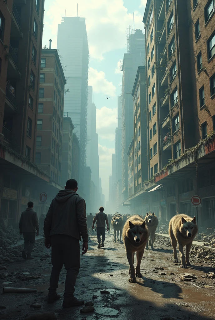 a city destroyed by hordes of zombies and wolves