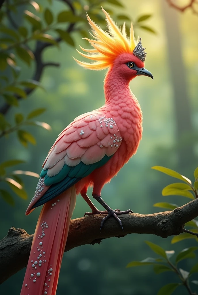 A majestic bird with pink feathers, a vibrant yellow and orange crest, and a long tail adorned with colorful spots, perched on a branch with a blurred green forest background, wearing traditional Asian-style conical hats with elegant silver adornments, The bird' long, graceful tail feathers should feature ornate white designs with bead-like decorations,