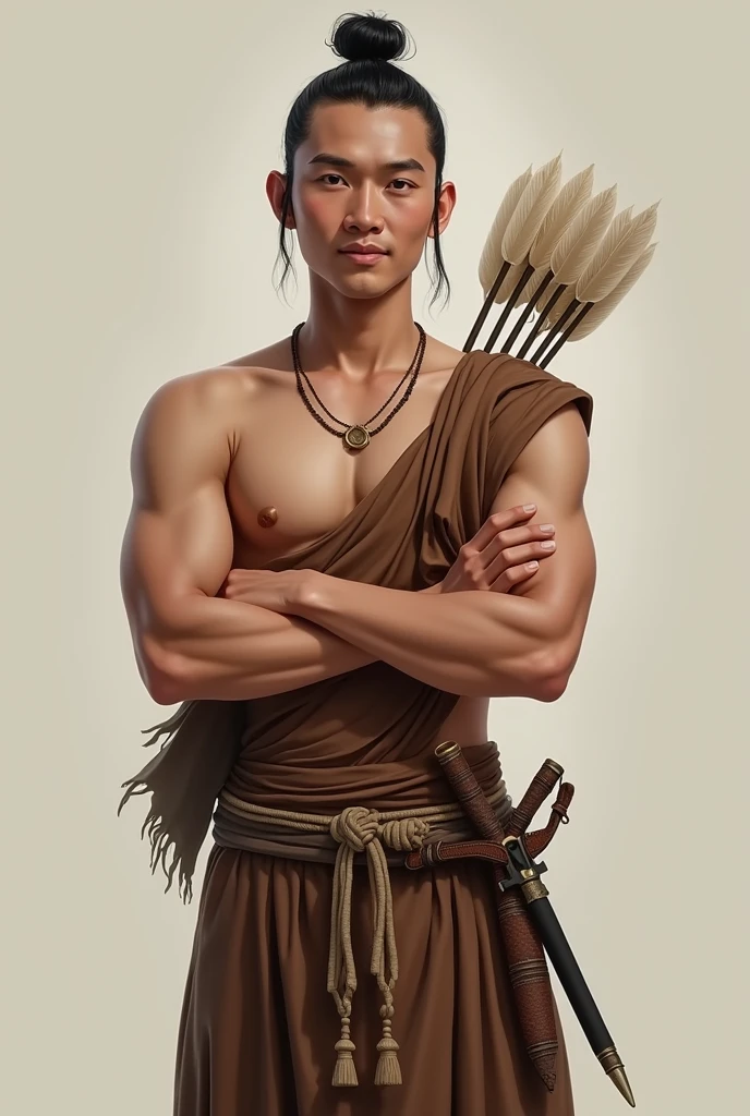 Draw me a picture,a bare-chested man,he wears a belt and typical Javanese clothing such as batik cloth and a shawl,she didn't wear any jewelry except a small necklace,he wears a belt with a keris tucked into his belt,he also wears shorts,her hair is tied in a bun,and he wears a quiver of arrows on his back, his body is slim and not muscular,her skin is clean and white,he smiled a little,he faces forward with his arms crossed