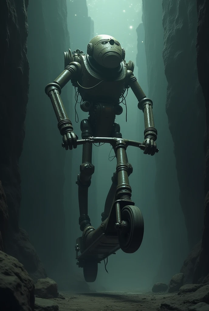 Giant scooter with arms and face in a deep dark abyss