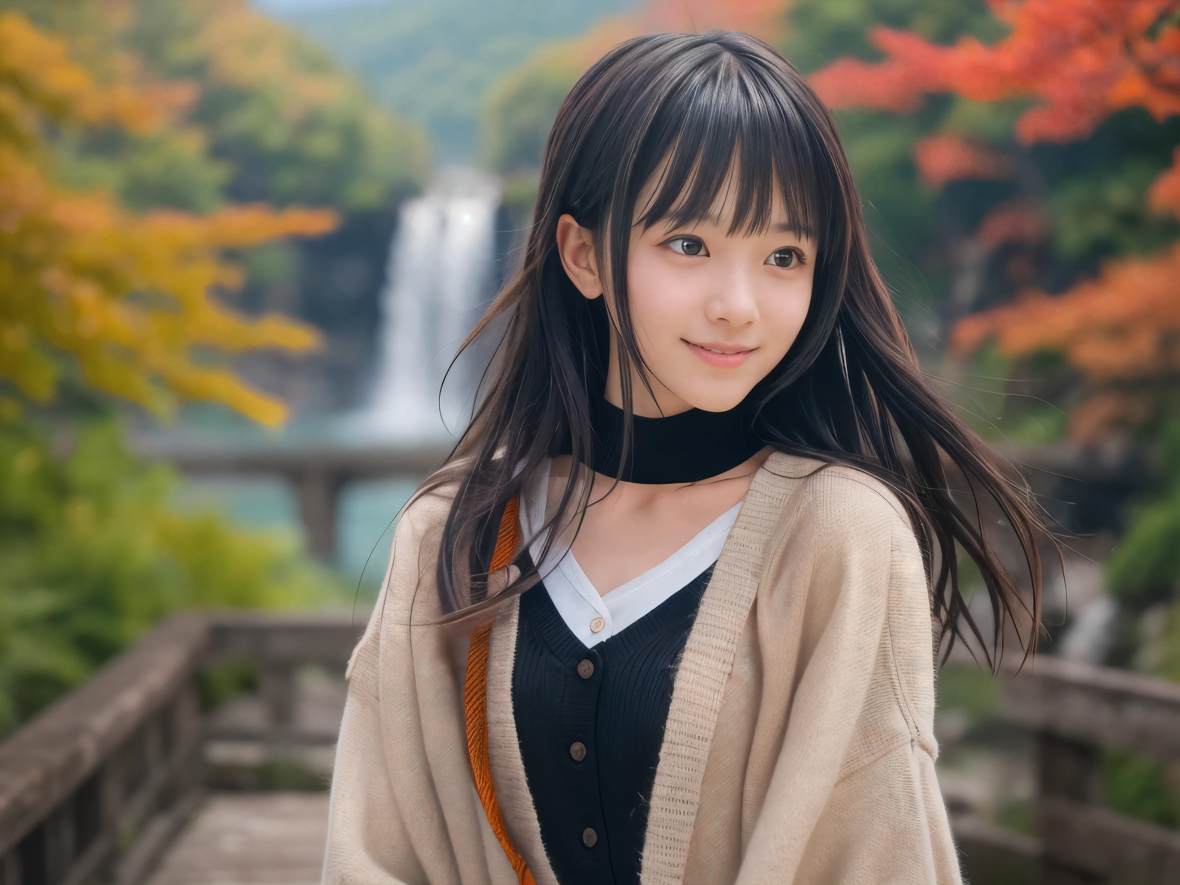 (Close up face shot of one slender small breasts two side up black medium hair with bangs girl in a long sleeves shirt and sweater and skirt:1.5)、(One girl is dancing with happy smile on the dart road near the lake and big waterfall in Japan:1.5)、(Beautiful autumn red leaves landscpe:1.5)、(Natural light:1.5)、(8k ultra detailed master piece:1.5)、(perfect anatomy:1.5)、(Photorealistic stick:1.5)、(Raw photo:1.3)、(highest quality:1.5)、(High resolution:1.3)、(Delicate and beautiful perfect face:1.3)、(Delicate and beautiful eye air skin:1.3)、(Real Human Skin:1.3)、((thin legs))