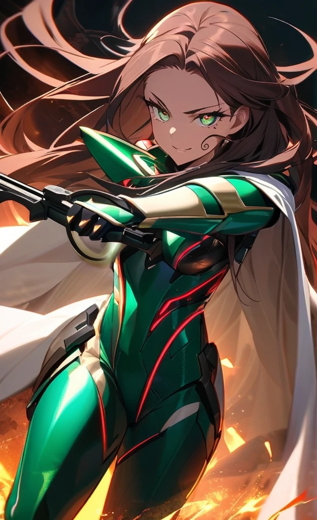 Artwork, highest quallity, アニメ. Estilo de アニメ, high resolution, 独奏, maroon hair,
A tall woman, 30 years of striking beauty,skin fair, deep, bright amber eyes, her delicate features contrast with the fierce look that conveys determination. Her slim and athletic body. Rigid posture and calm gaze. smirk on face.

Your long hair, dark brown, with curly locks, a small mole below the eye and on the cheek of the face. light brown eyes that shine with ferocity. Snake pupil and iris in eyes, Straight eyebrows intensify your expression, while her thick eyelashes intimidate. Wearing enchanted titanium armor, Emerald green, with silver,tailor-made for your athletic body. The armor&#39;s breastplate protects the torso, the design of a three-headed Hydra is painted on the chest, shoulder pads and bracers, has metallic snake details. Flexible metal segments protect thighs and legs, enabling agile movements. Shoulder and knee pads with snake-shaped details. Wearing black tight pants with metal plates on them. Knee-high boots on the feet.
A long white cape attached to the shoulder pads.
Carved serpent-like details adorn the armor&#39;s shoulder pads and knee pads.. 
She is wielding a large, heavy metal crossbow with both hands., covered in a vibrant dark green. She has a calm expression. The background is the burning battlefield, haos, with soldiers fighting.
She is firmly pointing the large crossbow bolt towards the viewer.. longye hair, 