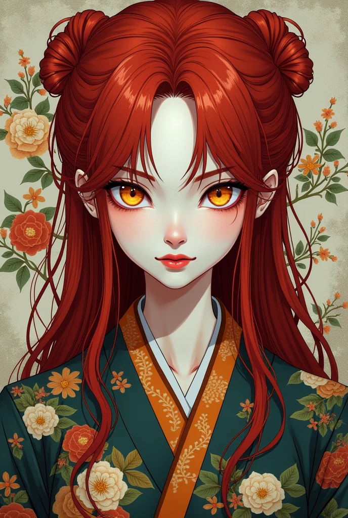 20 year old woman 2D, Pale skin, long, disheveled red hair, intense yellow eyes, She has red makeup on her eyelids, with a serpentine look, serious expression but with a small smile, dressed in a kimono with flowers and trees.