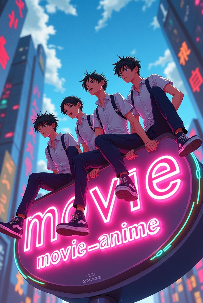 Create some teenagers riding on top of a logo that says Movie_Anime boys are dressed in uniform 