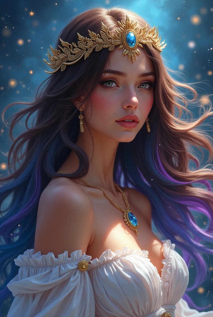 Beautiful woman, mixed race, brown hair with blue purple marble, elegant eyes, celestial magic, greek goddess outfit, golden crowm