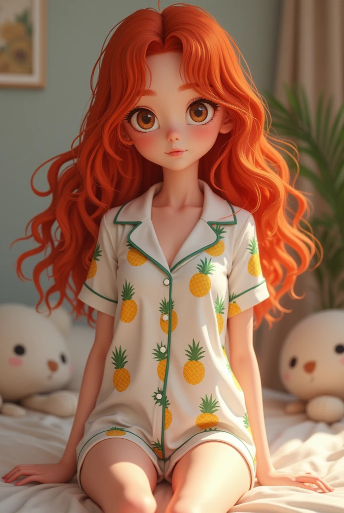 A red-haired girl wearing white pajamas with pineapple print and her shorts were made of silk