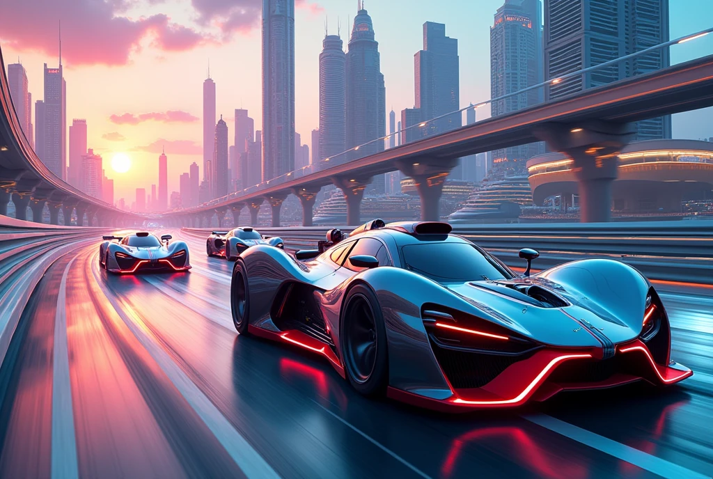 futuristic racing cars racing in a track, sc-fi city background, mechanical details, sunset on a marina, cyan sun, retrowave,