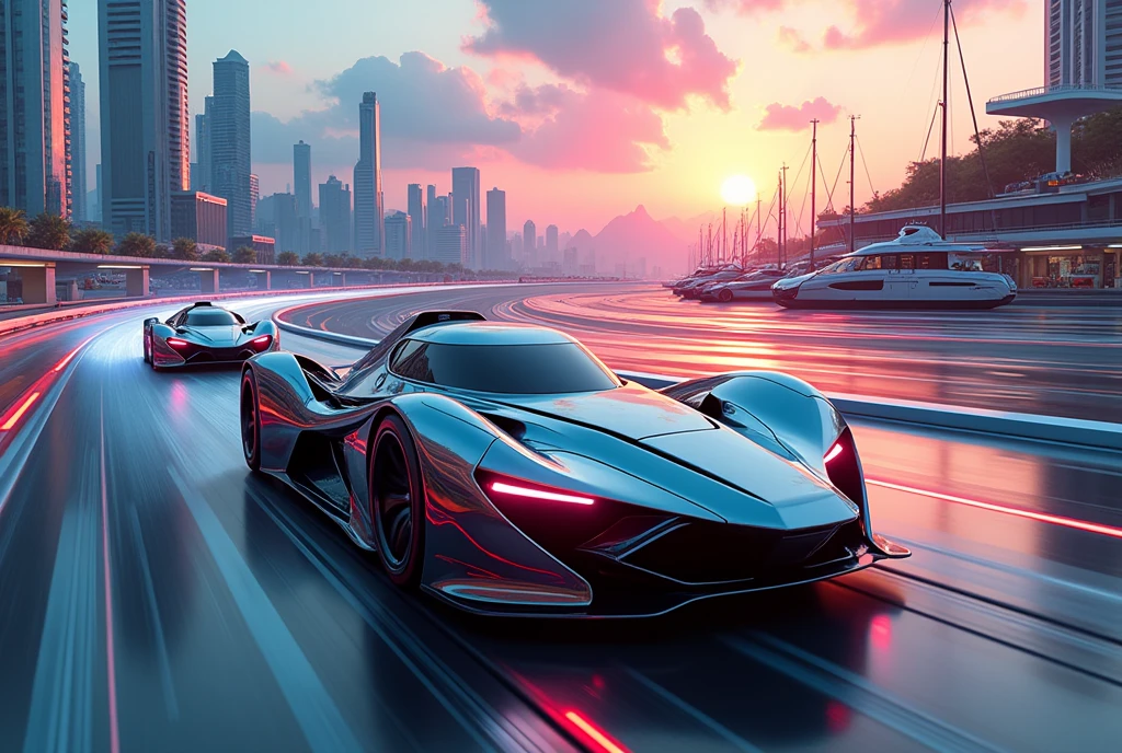 futuristic racing cars racing in a track, sc-fi city background, mechanical details, sunset on a marina, cyan sun, retrowave,