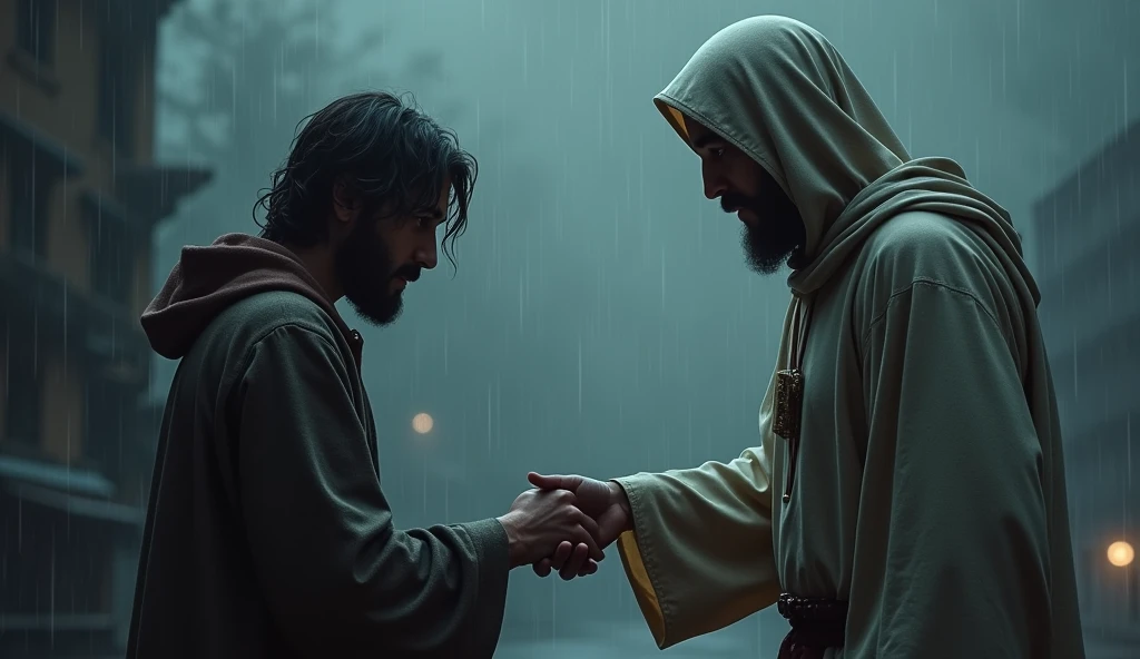 Jesus giving a hand to a drug user, wearing a hooded shirt, drug addict, day outside, raining, without hope, enlightened man holding a hand.