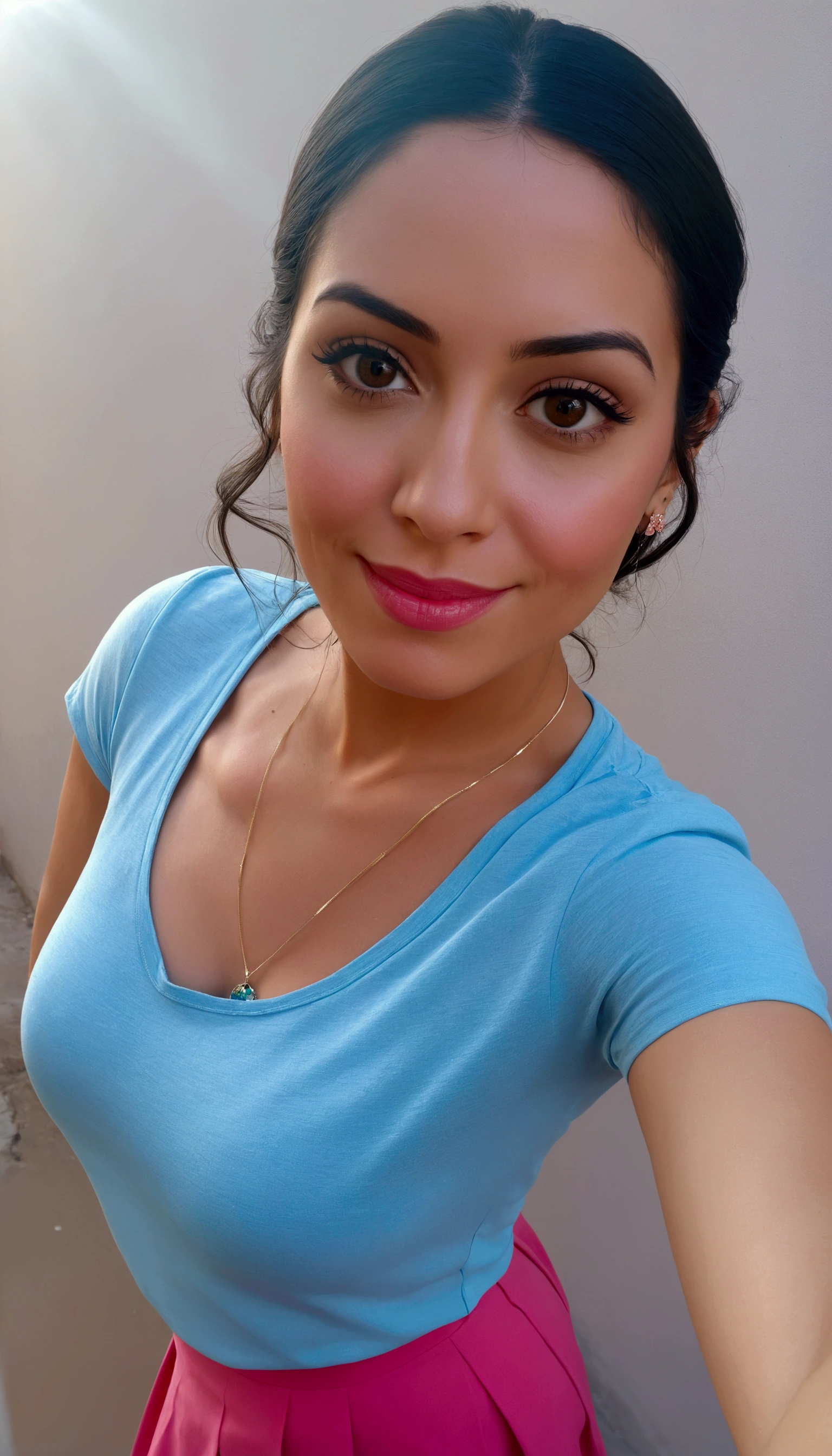There is a woman in a blue shirt and a pink skirt posing for a photo, 30 year old woman, 30 year old woman, 30-year-old woman from cuba, about 3 , alanis guillen, lorena avarez, carla ortiz, selfie of a young woman, 2 , 2