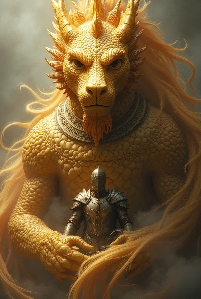A golden legendary dragon with a collar and the word hon written on its chest facing forward with a soldier in its manes