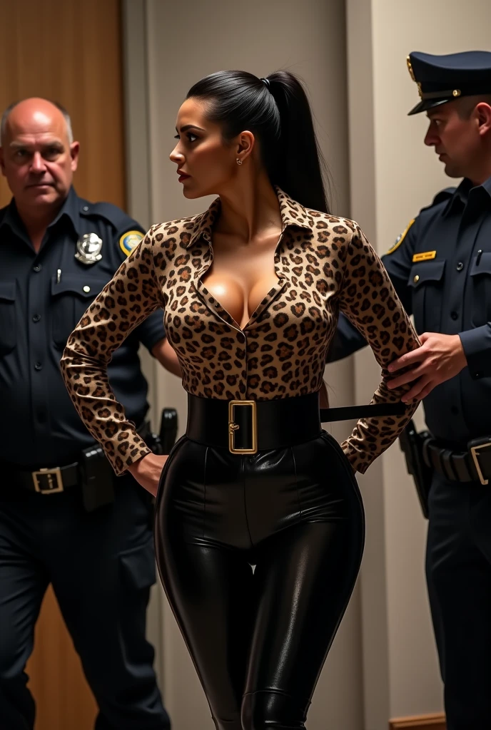 Kim Kardashian with black straight hair in a ponytail ,in a shirt with leopard pattern and buttons, Sleeves and collar, big cleavage, with a wide black belt around her stomach, and in tight black latex leggings , in a VIP room, her arms are tied behind her back , she is taken away by the police and dragged out by the shoulders