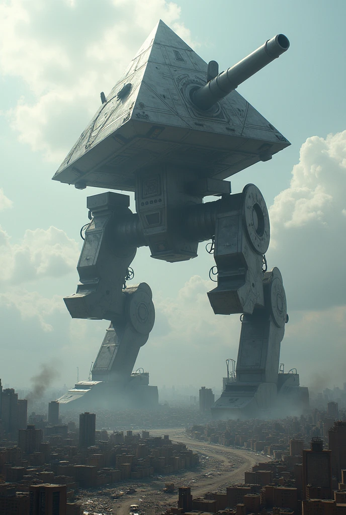 robot de guerre geant aillant 3 pattes an forme de pyramide abec un gros Canon sur lui ils sont des centaines a détruire des villes