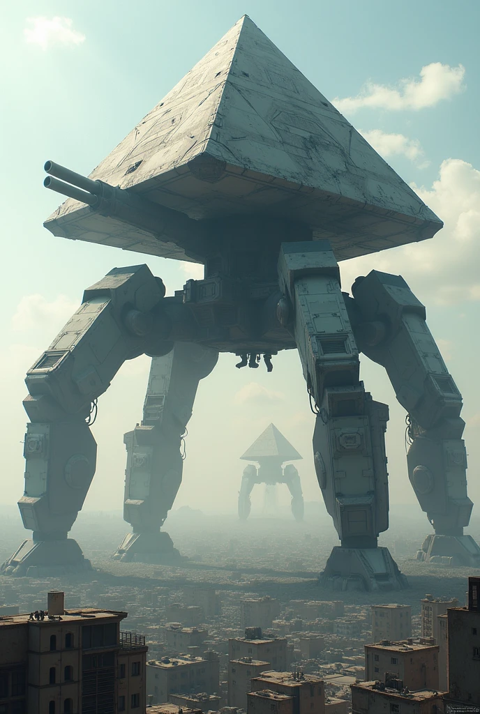 robot de guerre geant aillant 3 pattes an forme de pyramide abec un gros Canon sur lui ils sont des centaines a détruire des villes