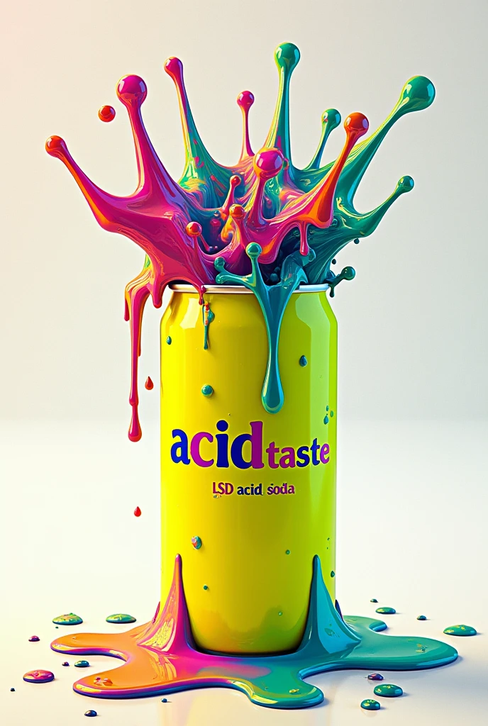 Psychedelic art melting from a fluorescent yellow energy drink can with Acid Taste written on it, written in cyan green and underneath written in small letters LSD Acid Soda written in pink