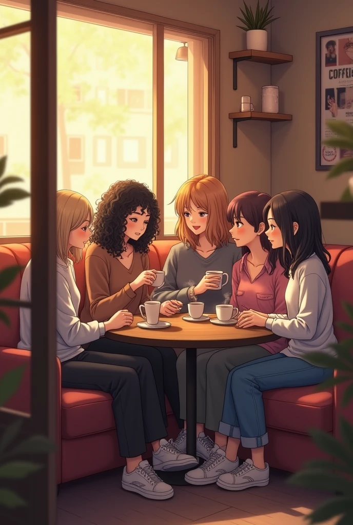 7 friends sitting in a couch, in a warm cozy coffee shop, 4 women and 3 man,
first women has blonde short hair, second women has black long curly hair, third women has kinda short brunette hair, the four women has long dark hair, they all withe. the mans, first one has blonde hair, the second has black hair, the last one has dark brown hair