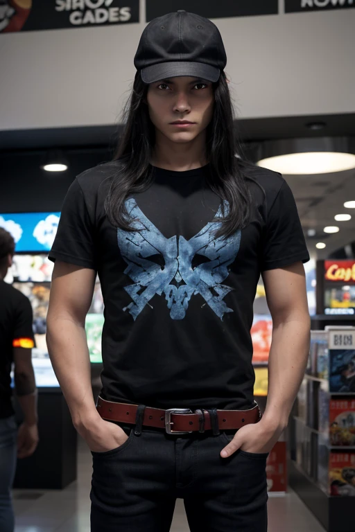 1 male, teenage boy, man body, man face, black long hair, cap, black shirt, blue jeans, red eyes, serious face, mall, game store, one gun, hand