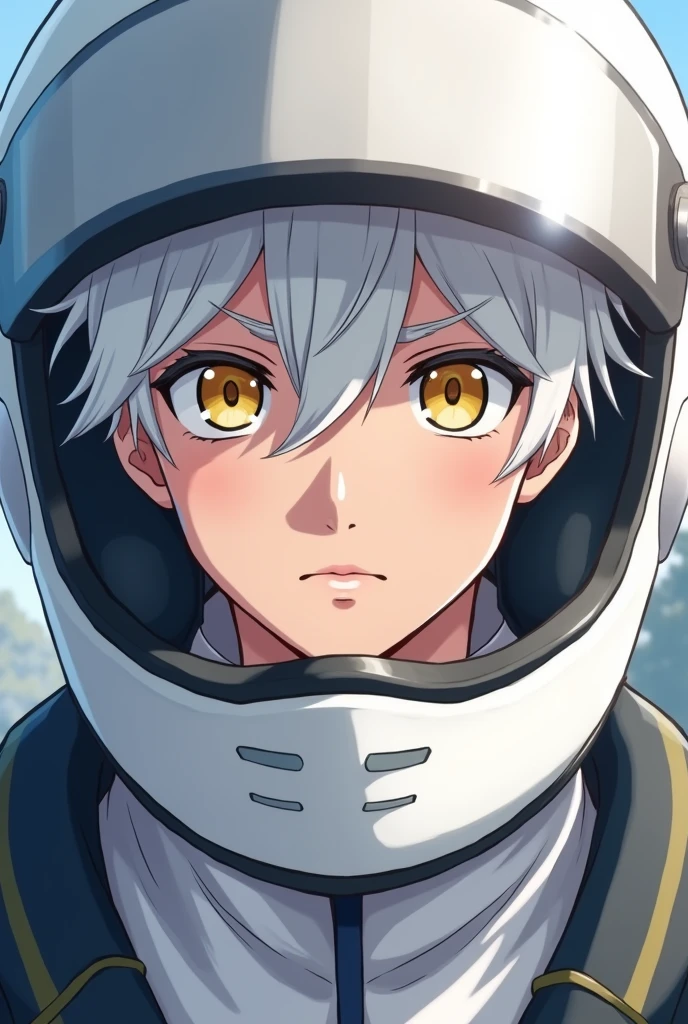 Young man face, 24 years, wearing a white helmet, racing driver,yellow  eyes, thick white eyebrow,hair with white highlights, image up to the shoulder, white pilot suit, high image quality, anime face, serene face